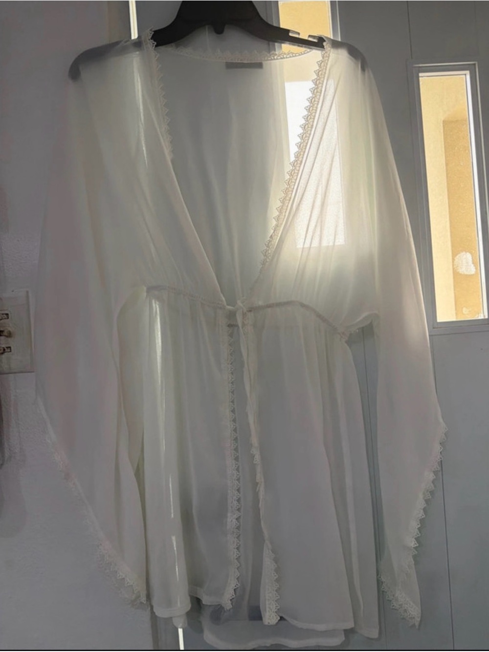 SHEIN Ivory Sheer Tie-Front Chiffon Robe with Lace Trim